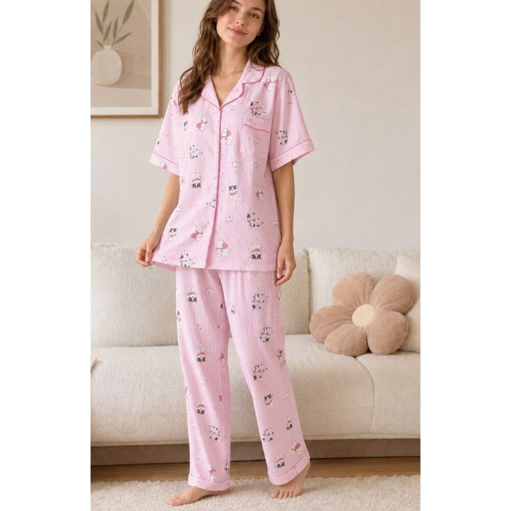 Womens XS Pink Cats Dogs Print Pajama Set ButtonUp Short Sleeve Shirt Pants Cute